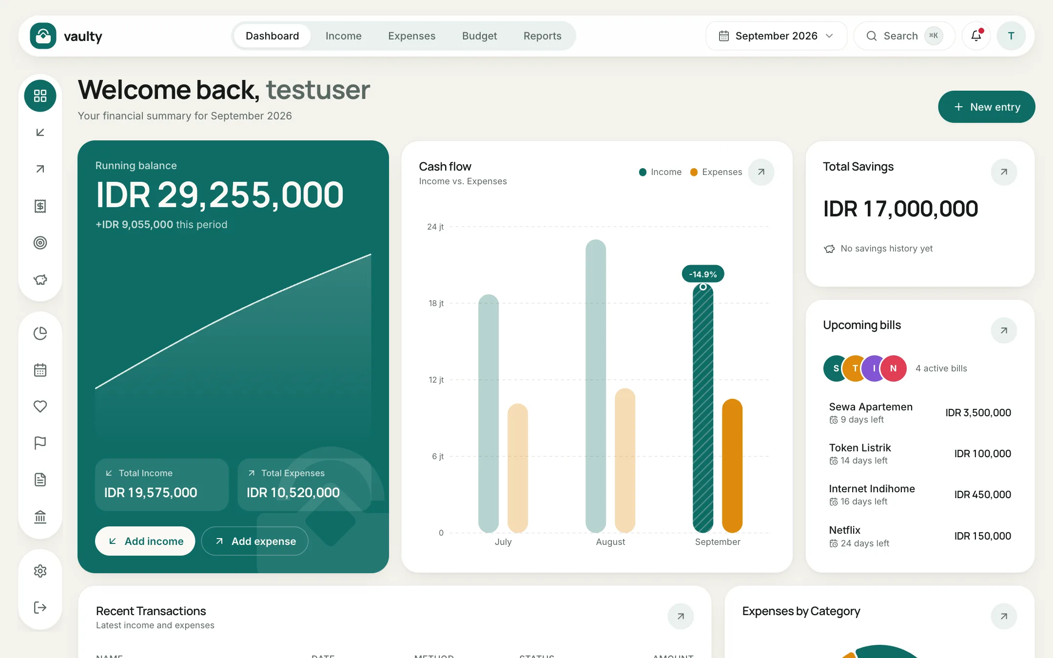 Vaulty dashboard on a laptop: running balance, cash flow, savings, and upcoming bills